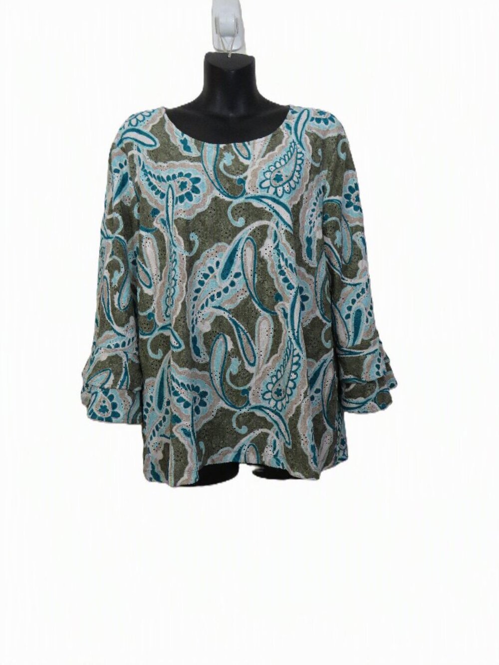 Chicos size 2 Large Ruffle Bell Sleeve Blouse Top Paisley Floral Knit Boho